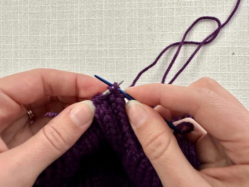Insert your tapestry needle knitwise into the first knit stitch on your knitting needles. Slide the first knit stitch and the first purl stitch off your knitting needle.