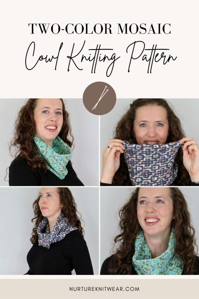 Truly Madly, a free mosaic cowl knitting pattern in aqua and veriagated green