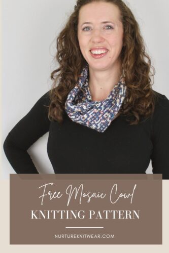 Truly Madly, a free mosaic cowl knitting pattern in steel blue and white with speckles