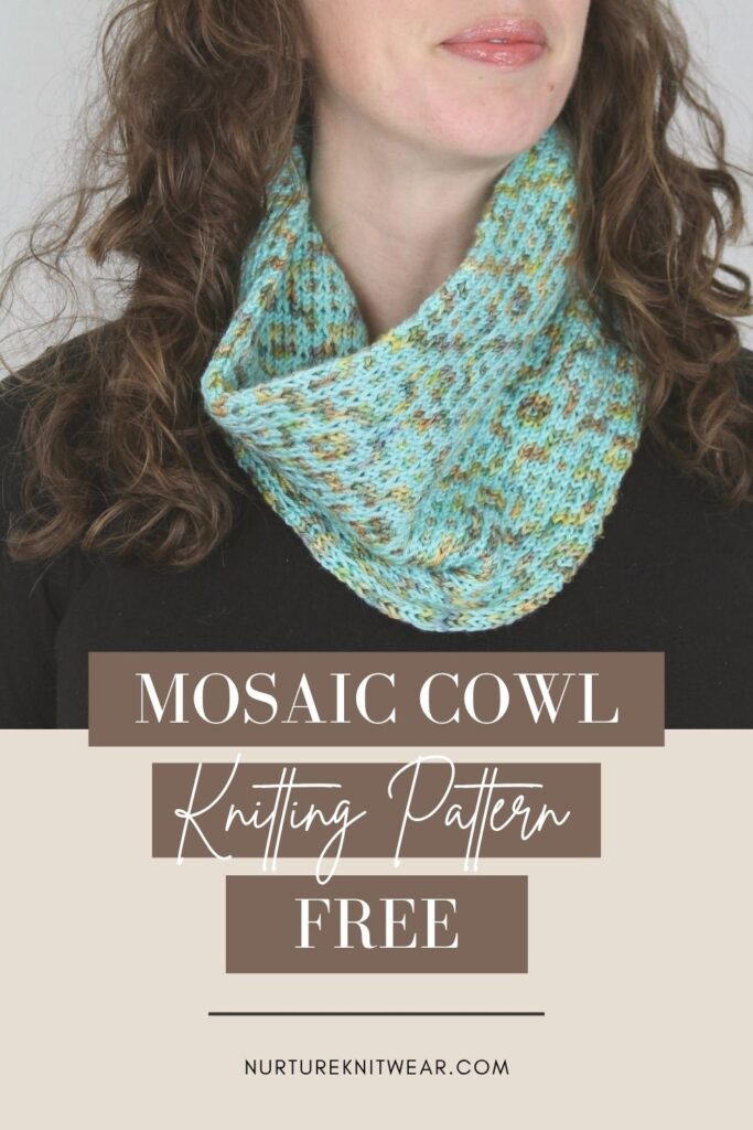 Truly Madly, a free mosaic cowl knitting pattern in aqua and veriagated green